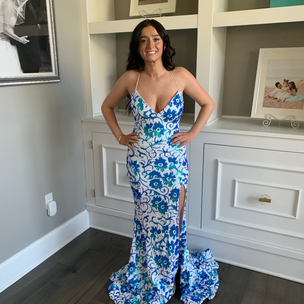 Jovani Blue and White Prom Dress